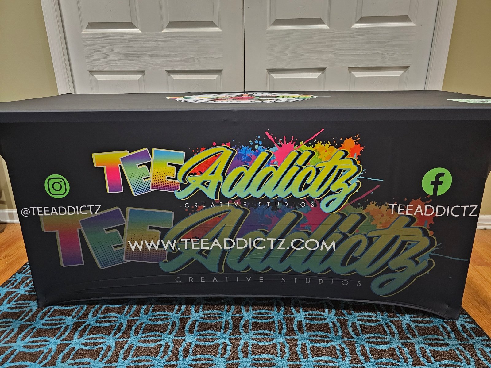 Custom Stretch Spandex Table Cover with Business Branding or Brand Name - TeeAddictz