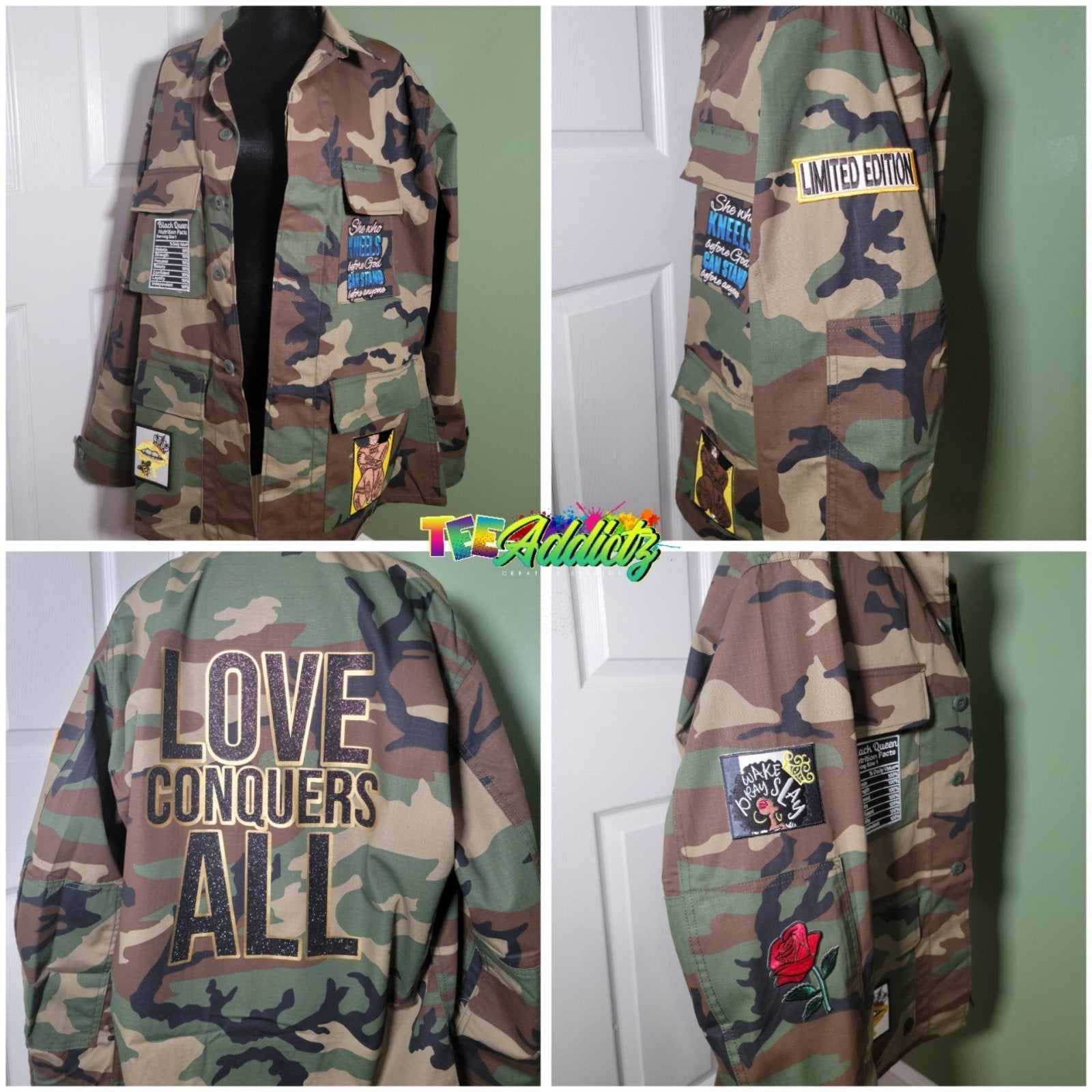 Custom Camouflage Jacket with Vinyl | Embroidered Patches - TeeAddictz