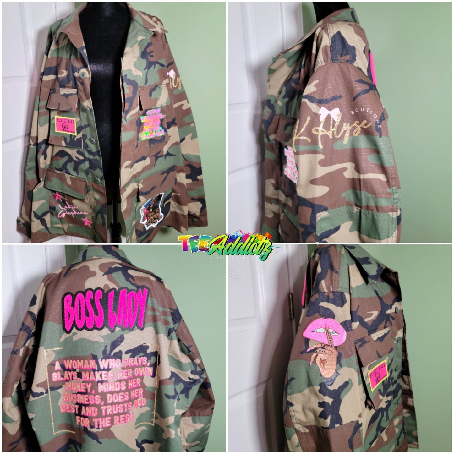 Custom Camouflage Jacket with Vinyl | Embroidered Patches - TeeAddictz