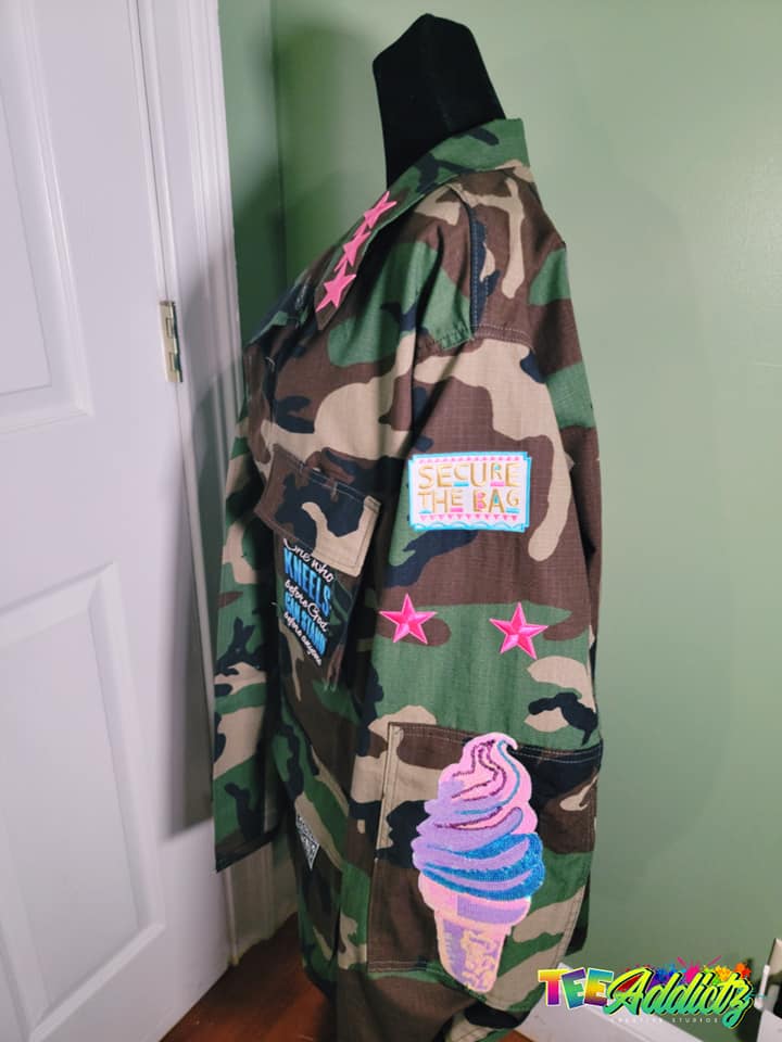 Custom Camouflage Jacket with Vinyl | Embroidered Patches - TeeAddictz