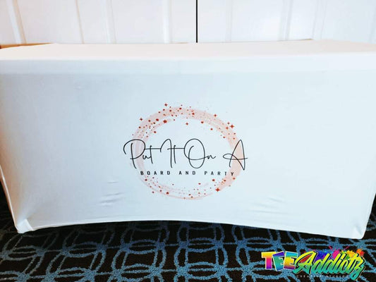 Custom Stretch Spandex Table Cover with Business Branding or Brand Name - TeeAddictz